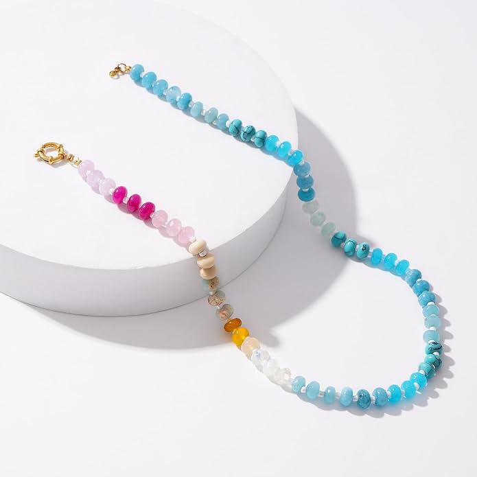 LALAPPLE Colorful Beaded Gemstone Necklace for Women, Boho Rainbow Bead Choker with Natural Stone Crystal Beads, Handmade Summer Beach Necklace Jewelry
