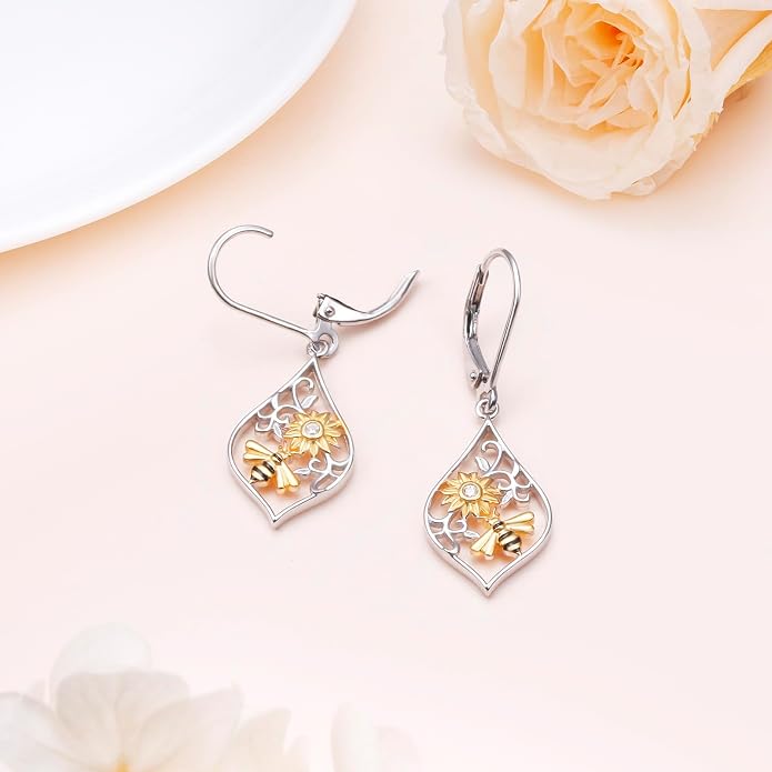 925 Sterling Silver Filigree Dangle Drop Earrings Daisy/Lotus/Rose Flower/Moonstone Leverback Teardrop Earrings for Women Infinity Celtic Knot Daisy Lotus Jewelry for Mothers Day