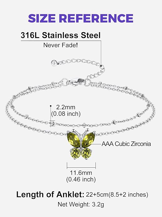 Richsteel Double Layer Heart/Butterfly Birthstone Anklet for Women Non Tarnish Waterproof, Silver/Gold/Black Stainless Steel 8.5-10.5 Inch Adjustable Chain Anklets Jewelry Gifts for Her