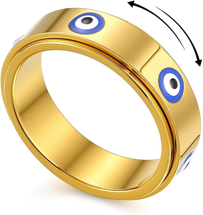 Evil Eye Fidget Ring for Women Men 18K Gold Plated, Anxiety Relief Spinner Ring Luck Charm Jewelry Gift, Size 6-10