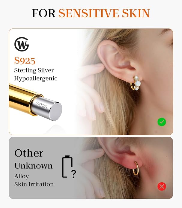 Opal Earrings for Women Gold Plated Hoop Earrings with Blue Opal Huggie with 925 Sterling Silver Post
