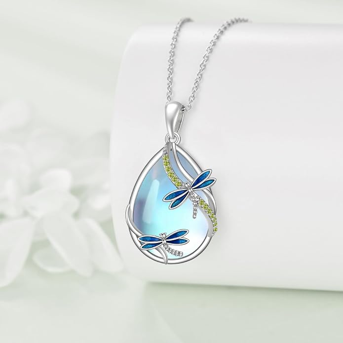 KQF Dragonfly/Butterlfy/Cat/Jellyfish/Bunny/Axolotl/Bee/Mermaid/Hummingbird/Elephant Necklace for Women Sterling Silver Moonstone Pendant Necklace Dragonfly Jewelry Gifts for Women