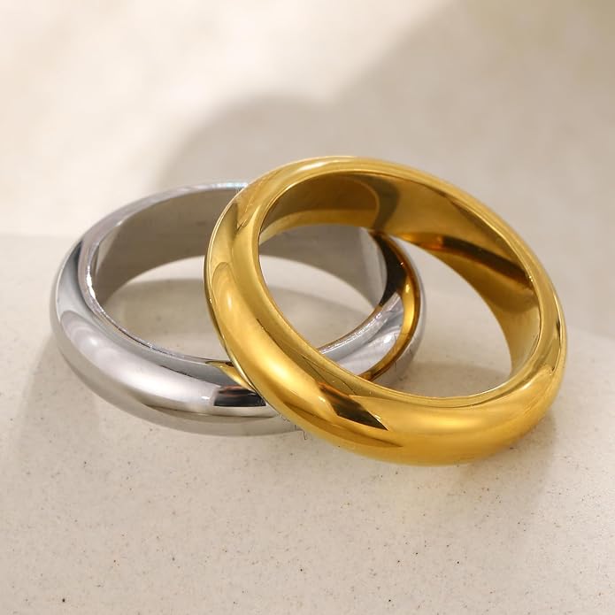 Unisex 5mm Chunky Dome Wedding Band Ring, Comfort Fit Stackable Signet Ring, Tarnish Resistant Hypoallergenic, 18K Gold Plated or Steel