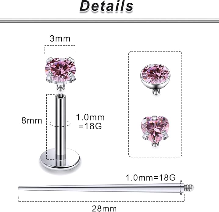 20G 18G 16G F316 Titanium Flat Back Nose Rings Studs Hypoallergenic Screw on Tragus Helix Cartilage Earrings Stud Piercing Jewerly for Women Men Bars 6mm