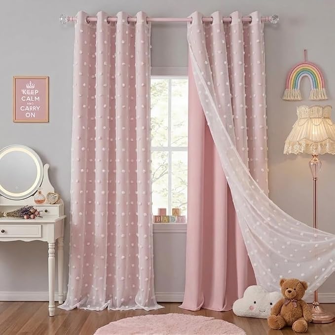 PONY DANCE Pink Curtains for Living Room 96 Inches Long, Thermal Insulated Room Darkening Curtains with Pom Pom Sheer, Double Layer Curtain for Girls' Bedroom, 52W x 96L, Blush Pink, 2 Panels