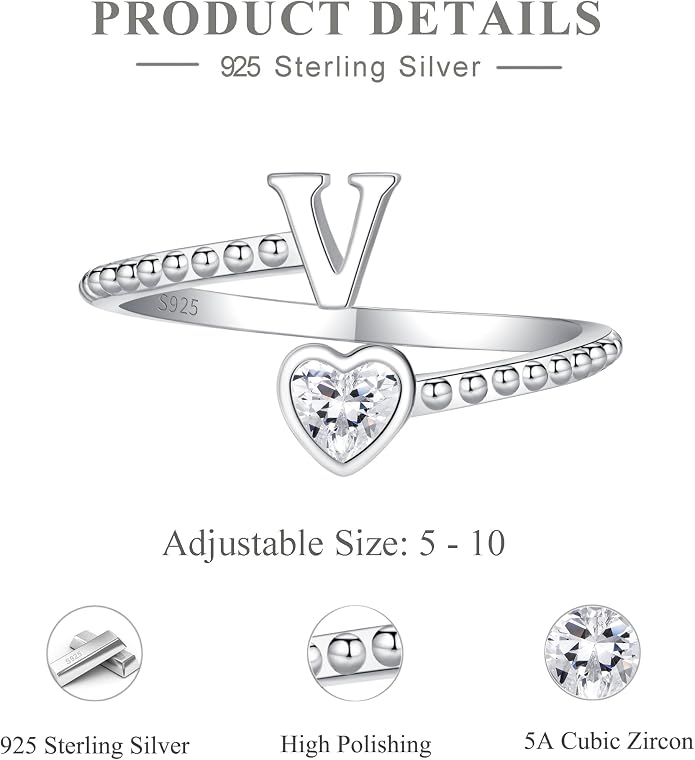Step Forward 925 Sterling Silver Adjustable Initial Ring for Women | Non Tarnish Letter Rings for Lady | Alphabet Heart Thumb Rings | Capital Letter Jewelry Gifts