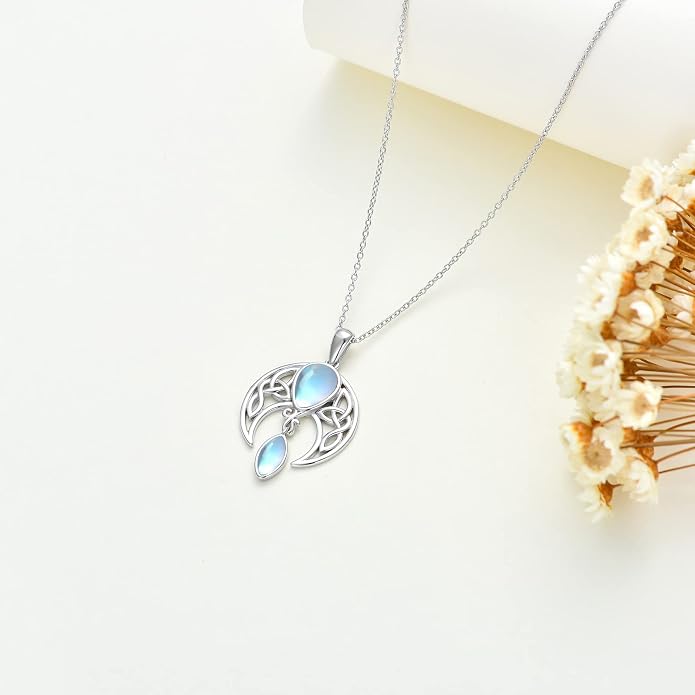 AOBOCO Sterling Silver Celtic Crescent Moon Goddess Pendant Irish Good Luck Necklace with Birthstone Crystal, Celtic Moon Jewelry Gift for Women Mom Wife