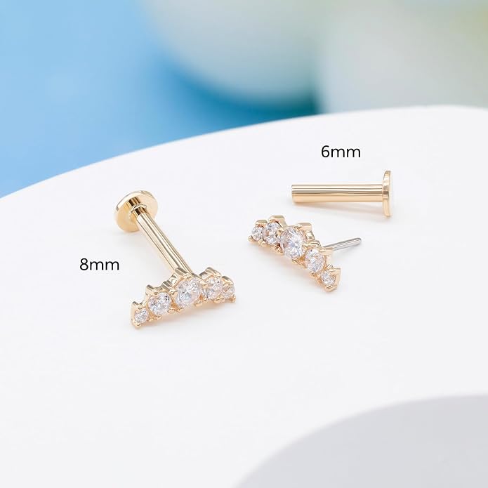 14K Yellow/White Gold Flat Back Stud Earring 1 Pcs, 16G Threadless Cartilage Earrings Top Push in Tragus Helix Conch Earrings Labret Piercing Jewelry