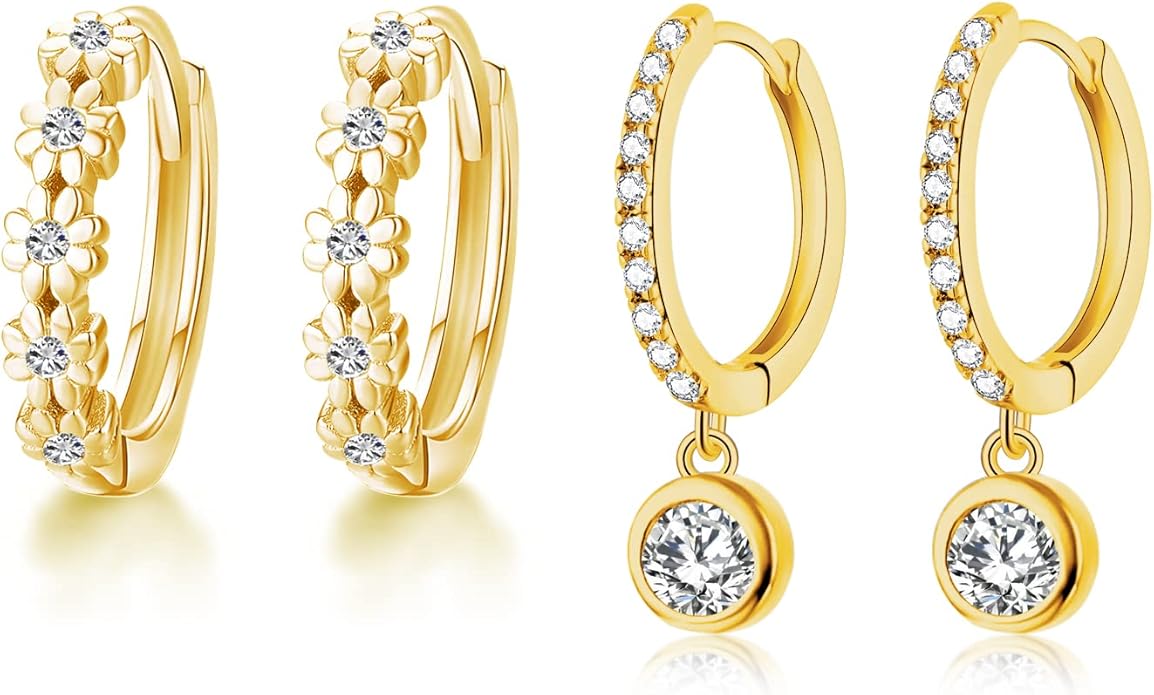 CiNily Small Hoop Earrings for Women Girls Flower Cubic Zirconia Huggie Earrings Hypoallergenic 14K Yellow Gold Plated Cartilage Earrings