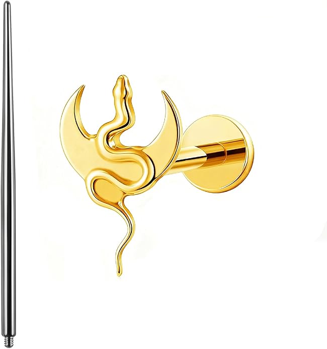 1pcs Gold/Silver G23 Titanium 16G Snake Moon Shaped Internally Threaded Top Flat Back Piercing Lip Stud Earring Labret Monroe Lip Ring Tragus Cartilage Earring Stud