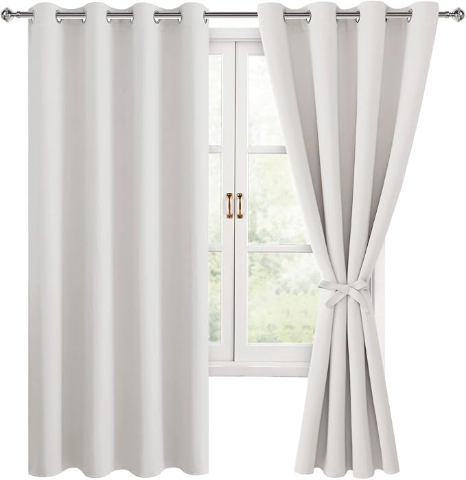 Hiasan Blackout Curtains for Bedroom, 52 x 63 Inches Length - Thermal Insulated & Light Blocking Window Curtains for Living Room/Kids Room, 2 Drape Panels Sewn with Tiebacks, Ivory
