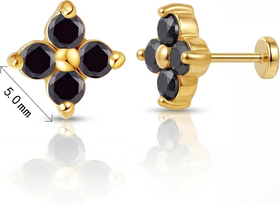 FANSING Short Threadless Cartilage Earring Stackable CZ Birthstone Flat Back Earrings for Women Small Stud Earrings for Tragus Helix Earlobe 18K Gold Plated ‌Rainbow 5.0mm
