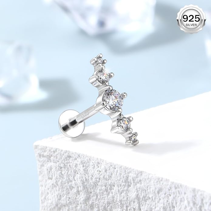 Melighting 16G Curved Helix Earring, Sterling Silver 925 Tragus Conch Stud Internally Threaded, Clear Marquise Round CZ Flat Back Lobe Labret Cartilage Piercing Jewelry for Women 6/8 mm