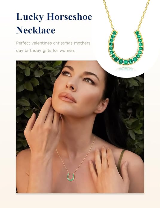 Luck Horseshoe Necklace 14K Gold Plated/Sterling Silver Created Gemstone Pendant with Chain Channel Set U Shaped Charm Necklace Birthstone Jewelry