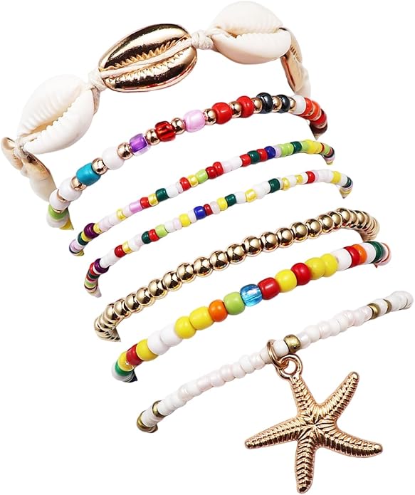 Pingyongchang Bohemian Stackable Shell Beaded Ankle Bracelets for Women Colorful Boho Multi-Layer Seashell Gold Starfish Adjustable Handmade Braid Bracelet Summer Beach Holiday Accessories Gifts