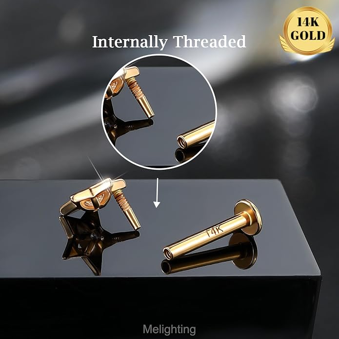 Melighting 14K Solid Gold Helix Piercing 16G Star Internally Threaded Flat Back Earring Clear CZ Tragus Stud Cartilage Conch Lobe Piercing Jewelry for Women 6 mm