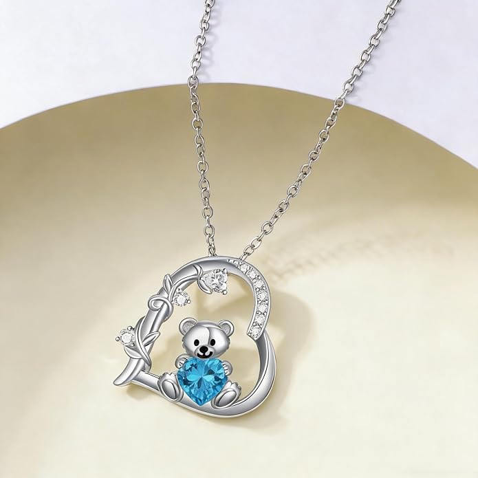 PELOVNY Teddy Bear Necklace for Women 925 Sterling Silver Bear/Highland Cow/Fox/Cat/Axolotl Birthstone Necklace Christmas Birthday Jewelry Gifts for Mom Daughter Wife Sister