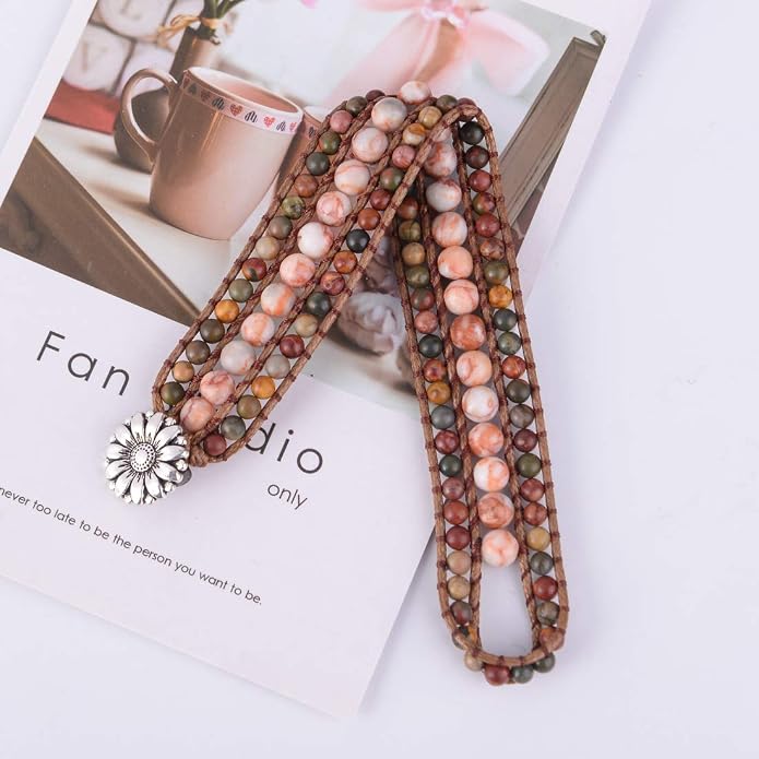 YGLINE Boho Handmade Natural Stone Bead 3 Row Wide Wrap Wrist Statment Bracelet Jewelry Collection