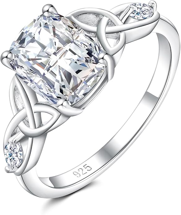925 Sterling Silver Birthstone Rings for Women Cushion Cut Engagement Celtic Knot Ring Irish Jewelry Created Gemstone Anniversary Rings Size 6-10(with Box)