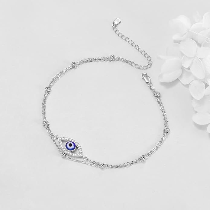 Evil Eye/Moon Star/Cross/Dragonfly/Sea Turtle Ankle Bracelets for Women 925 Sterling Silver Adjustable Anklets Jewelry Gifts for Women