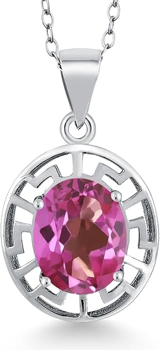 Gem Stone King 925 Sterling Silver 10X8MM Oval Gemstone Birthstone Necklace | Greek Key Pendant Necklace for Women | With 18 Inch Silver Chain