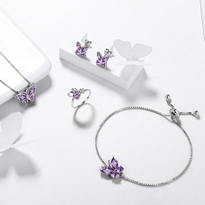 Aurora Tears Butterfly Jewelry,Women 925 Sterling Silver Butterflies Birthstone Pendant Necklace/Earrings/Rings Wedding Gift