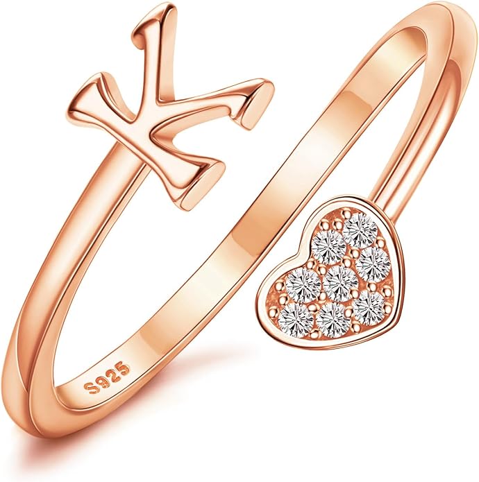 MILACOLATO 925 Sterling Silver Initial Rings for Women Teen Girl 18K Gold Plated Heart Initial Rings Adjustable Capital Letter Ring Stackable Thumb Pinky Rings for Daughter Birthday Bridesmaid Gifts Jewelry, A to Z