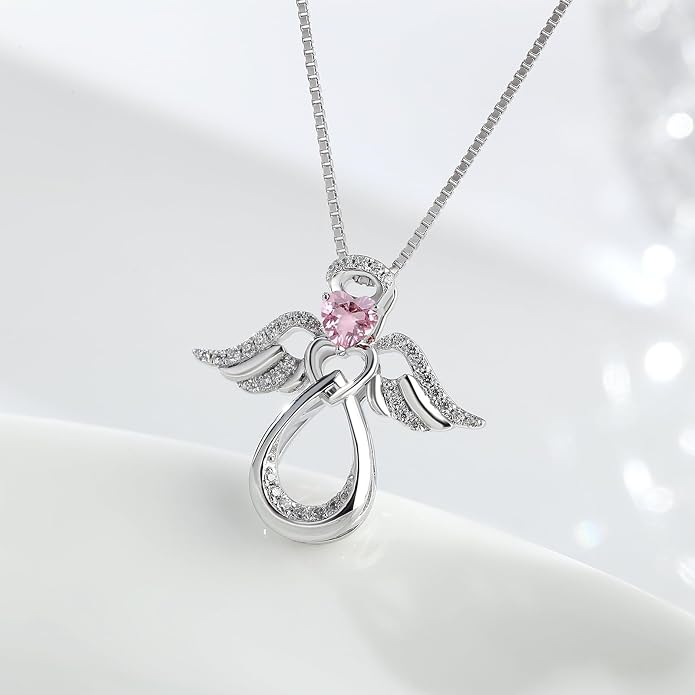 925 Sterling Silver Guardian Angel Pendant Necklace for Women with Birthstone Cubic Zirconia Little Angel Pendant Necklace Jewelry 18 inch Chain