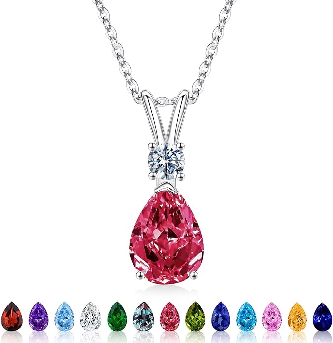 Iefil 925 Sterling Silver Birthstone Necklaces for Women - Teardrop Birthstone Jewelry, Anniversary Birthday Gifts for Women Wife Her