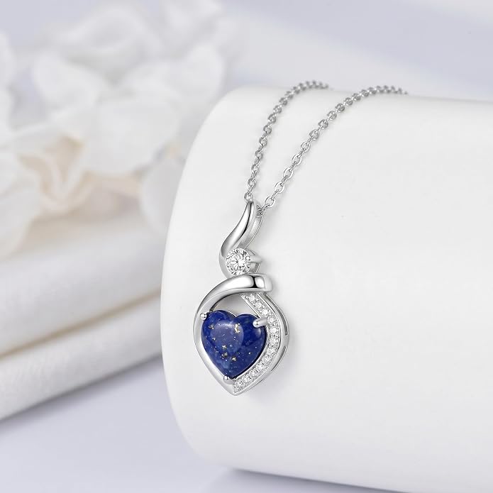 Heart Necklace 925 Sterling Silver Created Moonstone/Turquoise/Lapis Lazuli/Opal Heart Necklace Pendant Necklace Jewelry Gifts for Women