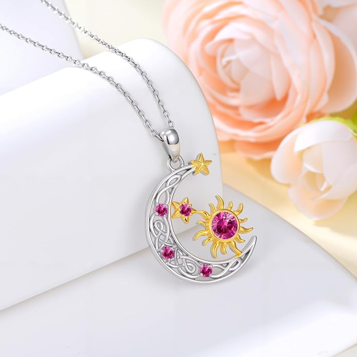 PELOVNY Sun and Moon Necklace for Women 925 Sterling Silver Sun Moon Star Birthstone Pendant Necklaces Birthday Christmas Jewelry Gifts for Mom Daughter Wife Sister