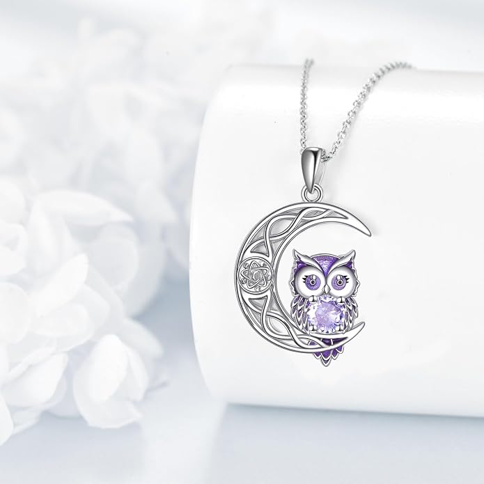 Owl Birthstone Necklace Sterling Silver Celtic Moon Pendant Cubic Zirconia Owls Jewelry Birthday Gifts for Women Men