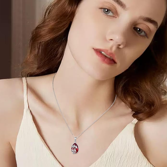 925 Sterling Silver Birth Flower Necklace with Teardrop Shaped Birthstone - 12 Colors, 12 Kinds of Flower - Ideal Birthday Jewelry Gift for Women, Mothers, Daughters & Wives