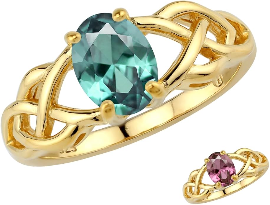 Silvershake 8X6mm Oval Shape Birthstone Gemstone Antique Finishing or Yellow Gold Plated 925 Sterling Silver Celtic Knot Weave Solitaire Ring Jewelry for Women