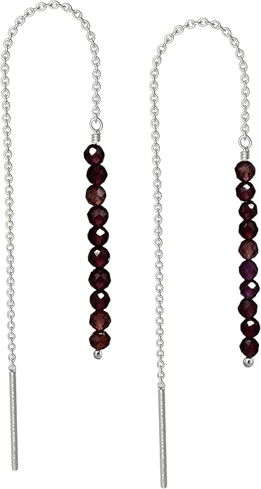 Sterling Silver Threader Earrings with Real Gemstone Beads - Elegant Pull-Through Design for Women, Dangling Western Earrings, Long and Short Adjustable Earring