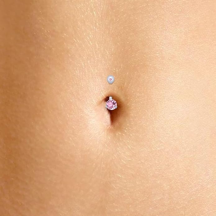 AFFY Internally Threaded Belly Button Navel Ring for Women, Three-Prong Round Simulated Birthstone in 14K Gold Over 925 Sterling Silver, Body Piercing Jewelry Gift