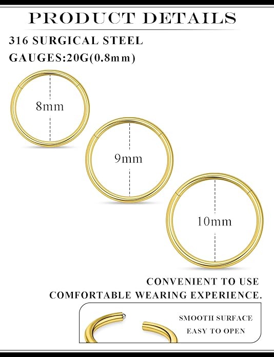 20G 18G 16G 14G 12G 10G 8G 6G 4G 2G Nose Rings Hoops 316l Surgical Steel Clicker Septum Lip Ring Tragus Helix Daith Rook Conch Snug Cartilage Lobe Earrings Hoop Piercing Jewelry For Women Men