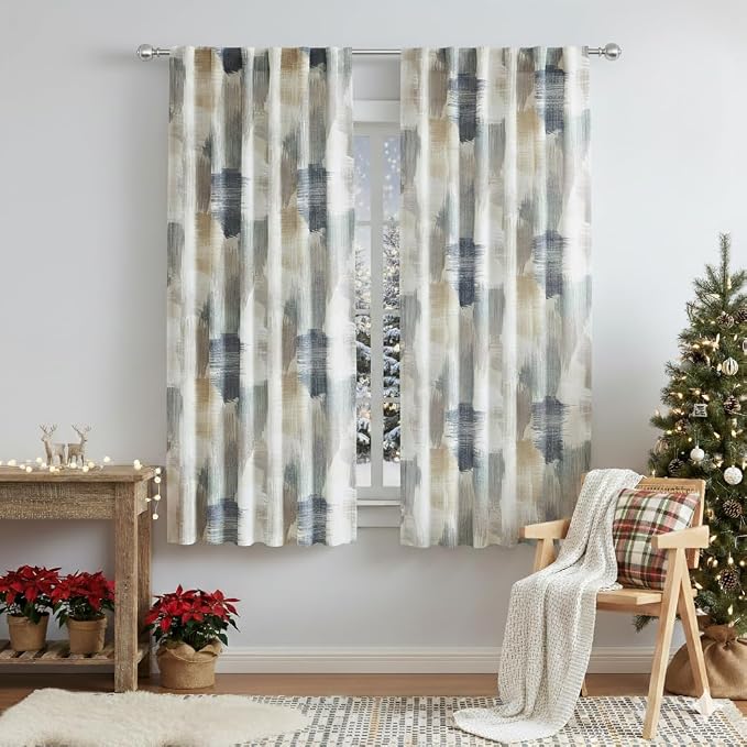 Kayne Studio Blue Brown Watercolor Semi Sheer Curtain Panels, Boho Ink Geo Print Light Filtering Farmhouse Drapes for Living Room Bedroom, Back Tab Rod Pocket Window Treatment Set,W52 x L63,2 Panels