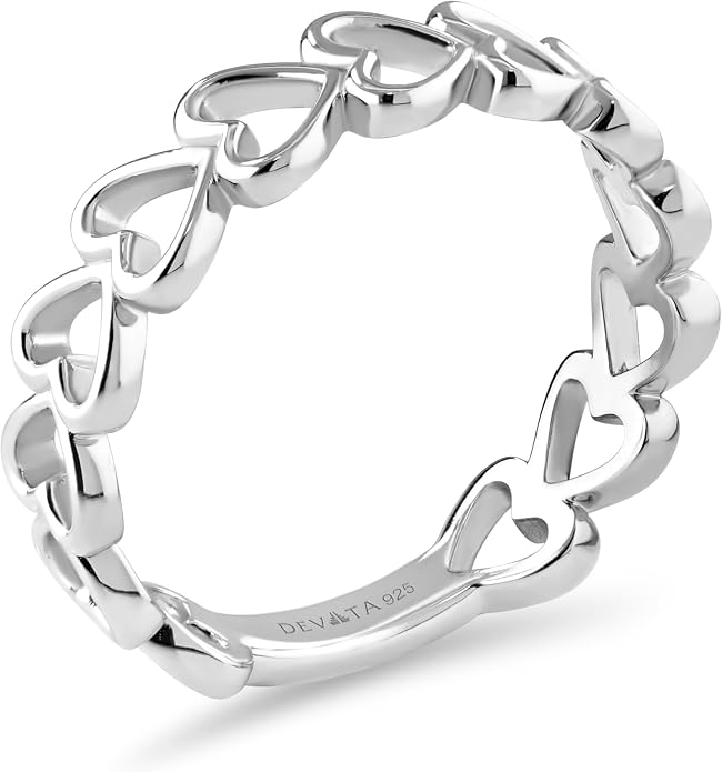 DEVATA Gold or Rhodium Plated Sterling Silver 925 – Eternity, Band Ring for Women – Heart, Knot, Clover, Infinity, Mariner, Cable, Curb, Cuban, Figaro, Daisy, Rope, Ribbed, Dome