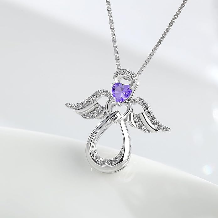 925 Sterling Silver Guardian Angel Pendant Necklace for Women with Birthstone Cubic Zirconia Little Angel Pendant Necklace Jewelry 18 inch Chain