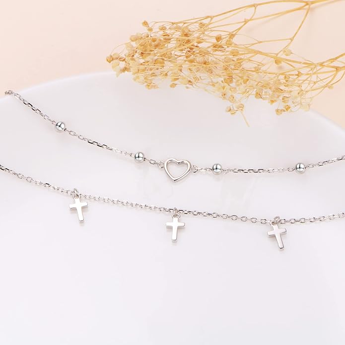 Alphm Anklet for Women S925 Sterling Silver Adjustable Foot Evil Eye Starfish Heart Bead Butterfly Celtic Knot Cross Multilayer Layered Ankle Bracelet Jewelry