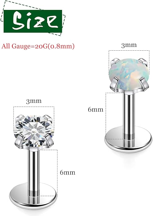 F136 Titanium Flat Back Screw on Nose Rings Earrings 20g 18g Stud for Men Women Cartilage Tragus Lip Labret Piercing Jewelry 6mm 8mm Hypoallergenic Internally Threaded
