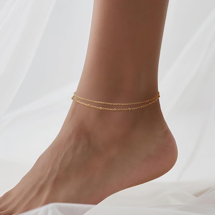 14K Gold Anklets for Women Gold Ankle Bracelets for Women Refined Dual-Chain Structure Womens Chain Anklet 11(9+2) Inches
