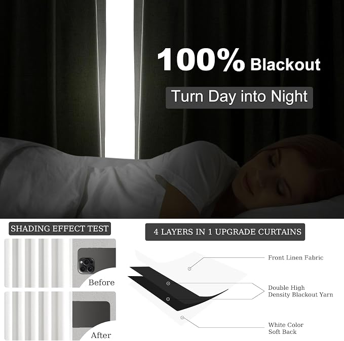 90 inch long 100% Blackout linen curtains 2 Panels set Beige White Window Drapes with Back Tab Rod Pocket Light Blocking Room darkening Thermal Insulated Curtains for Bedroom Living Room 7.6 FT