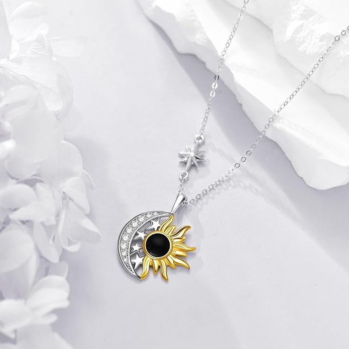 Sun and Moon Necklace for Women 925 Sterling Silver Celtic Crescent Moon Pendant Blue Opal/White Opal/Abelone Shell/Labradorite/Moonstone Jewelry Gift for Teen Girls
