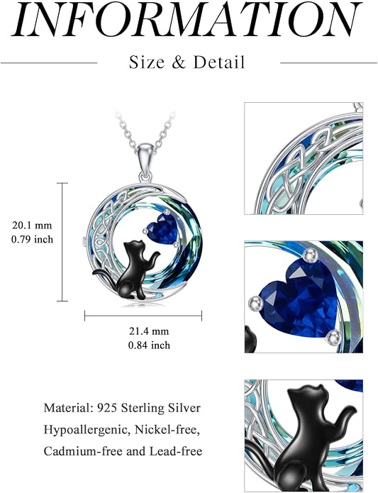 TOUPOP Cat Gifts for Cats Lovers 925 Sterling Silver Black Cat Necklace Celtic Moon Birthstone Jewelry for Women Anniversary Birthday Gift for Her Wife Mom