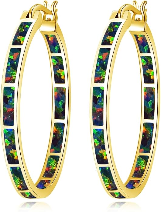 CiNily Opal Hoop Earrings,Women Jewelry Rhodium Plated/Rose Gold or Yellow Gold Plated Gemstone Big Hoop Earrings 32mm