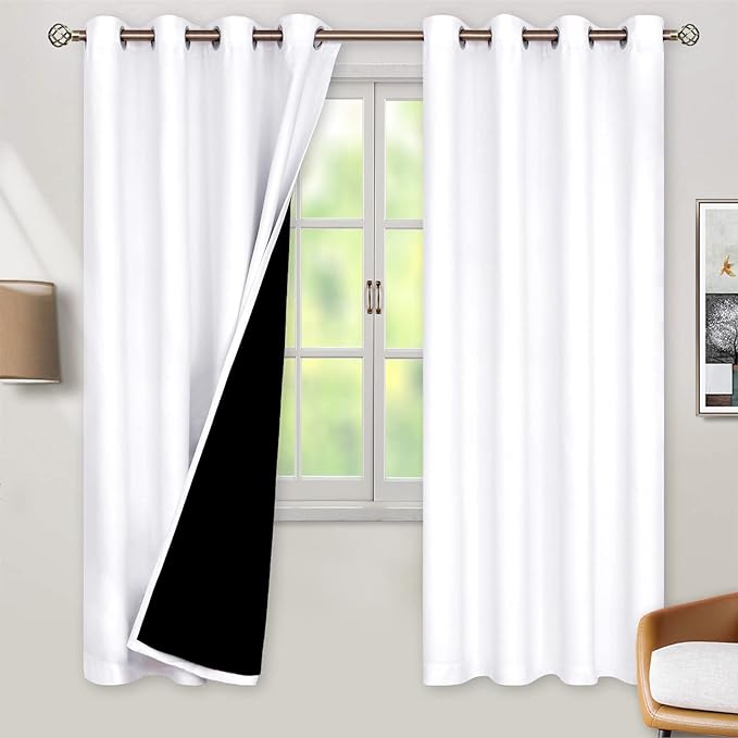 BGment Thermal Insulated 100% Blackout Curtains for Bedroom with Black Liner, Double Layer Full Room Darkening Noise Reducing Grommet Curtain (55 x 69 Inch, White, 2 Panels)