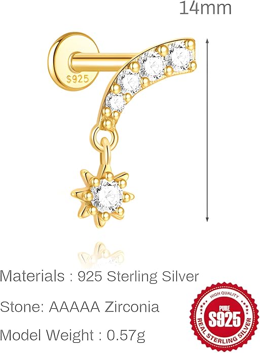 925 Sterling Silver Flower Cartilage Earring for Women 14K Gold Plated Flat Back Helix Tragus Conch Stud Internally Threaded Dainty CZ Floral Labret Piercing Jewelry