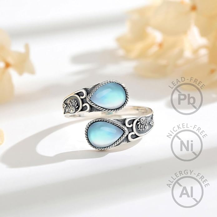 Vito 925 Sterling Silver Adjustable Open Spoon Ring for Women Men, Lotus Sunflower Snake Spoon Band Rings Feather Hug Witches Knot Inspirational Jewelry Gift for Wife